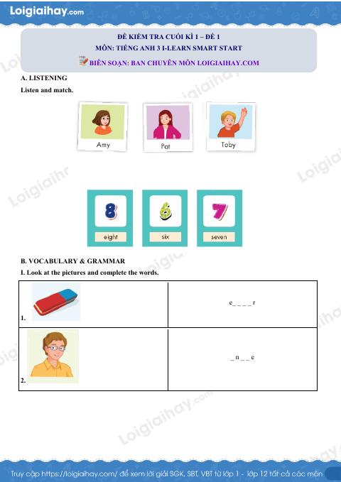 5 đề thi học kì 1 Tiếng Anh 3 ilearn smart start có đáp án và lời giải chi tiết